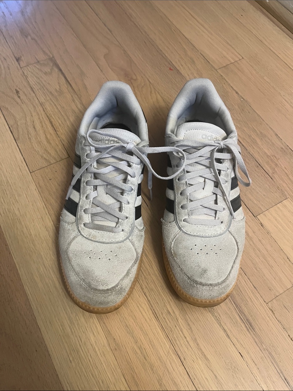Adidas Women’s White Suede Sneakers with Black Stripes and Gum Sole